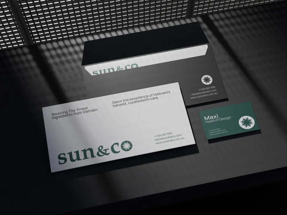 XNOR Group case study – Sun&Co brand identity and development business cards and envelopes